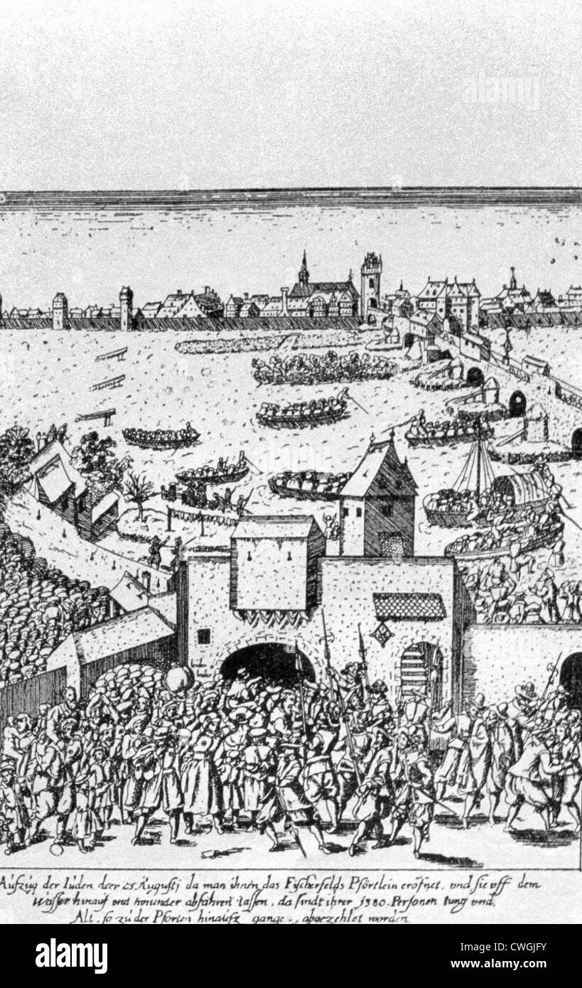 Illustration de l'Expulsion des juifs de Francfort le 23 août 1614 après des émeutes dirigée par Vincent Fettmilch 1380 personnes de tous âges ont été comptés à la porte et mis à bord des navires sur la rivière Main Author par George Keller Banque D'Images