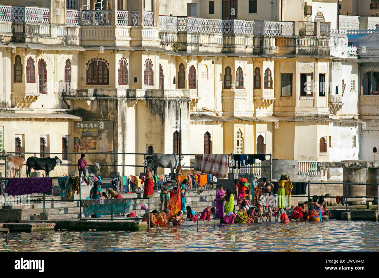 Les femmes se baignant dans le fleuve Ahar dans la ville d'Udaipur / Ville des lacs, Rajasthan, Inde Banque D'Images