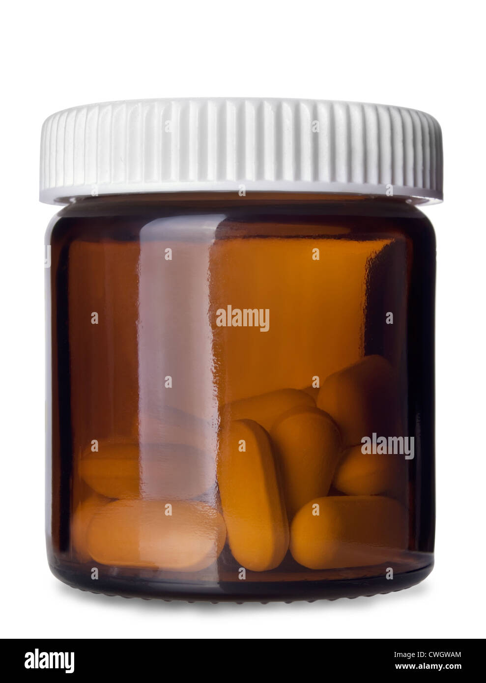 Flacon en verre avec la médecine pills isolated on white Banque D'Images