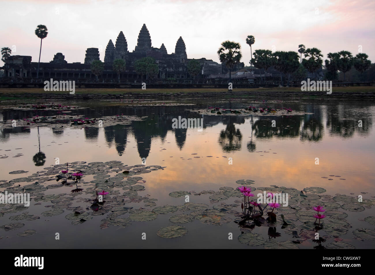 Vue horizontale de l'étonnante architecture au Prasat Angkor Wat reflété dans le lac au lever du soleil Banque D'Images