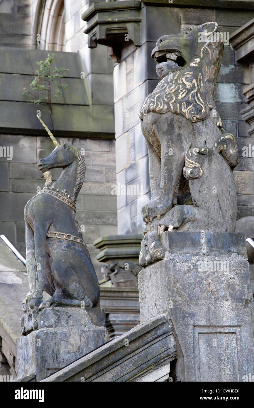 Détail de la Lion et licorne escalier du 17ème siècle à l'Université de Glasgow, Écosse, Royaume-Uni Banque D'Images