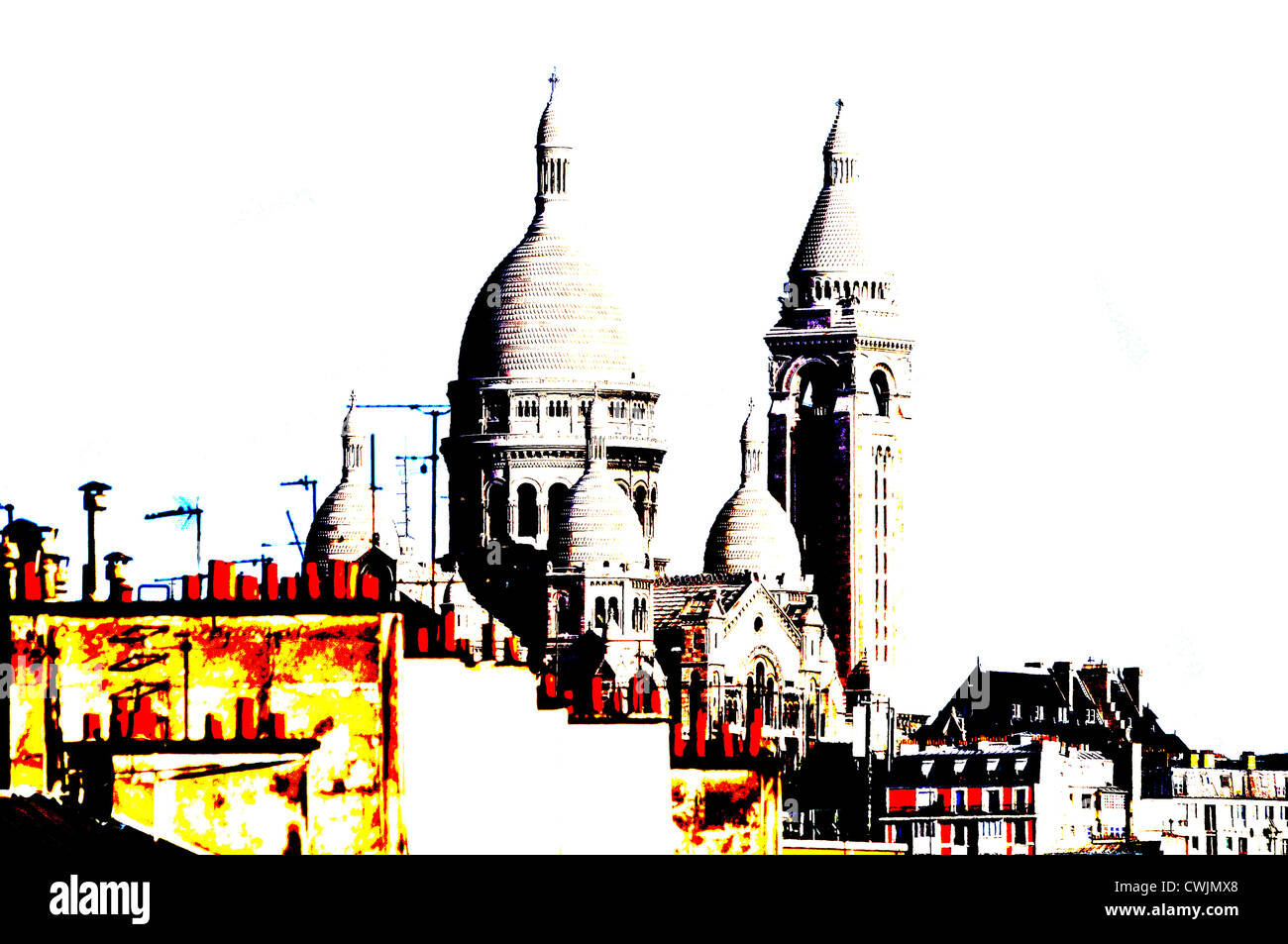 Paris, France. Sacre-Coeur et toits le long du Boulevard de Magenta. Posterised Banque D'Images