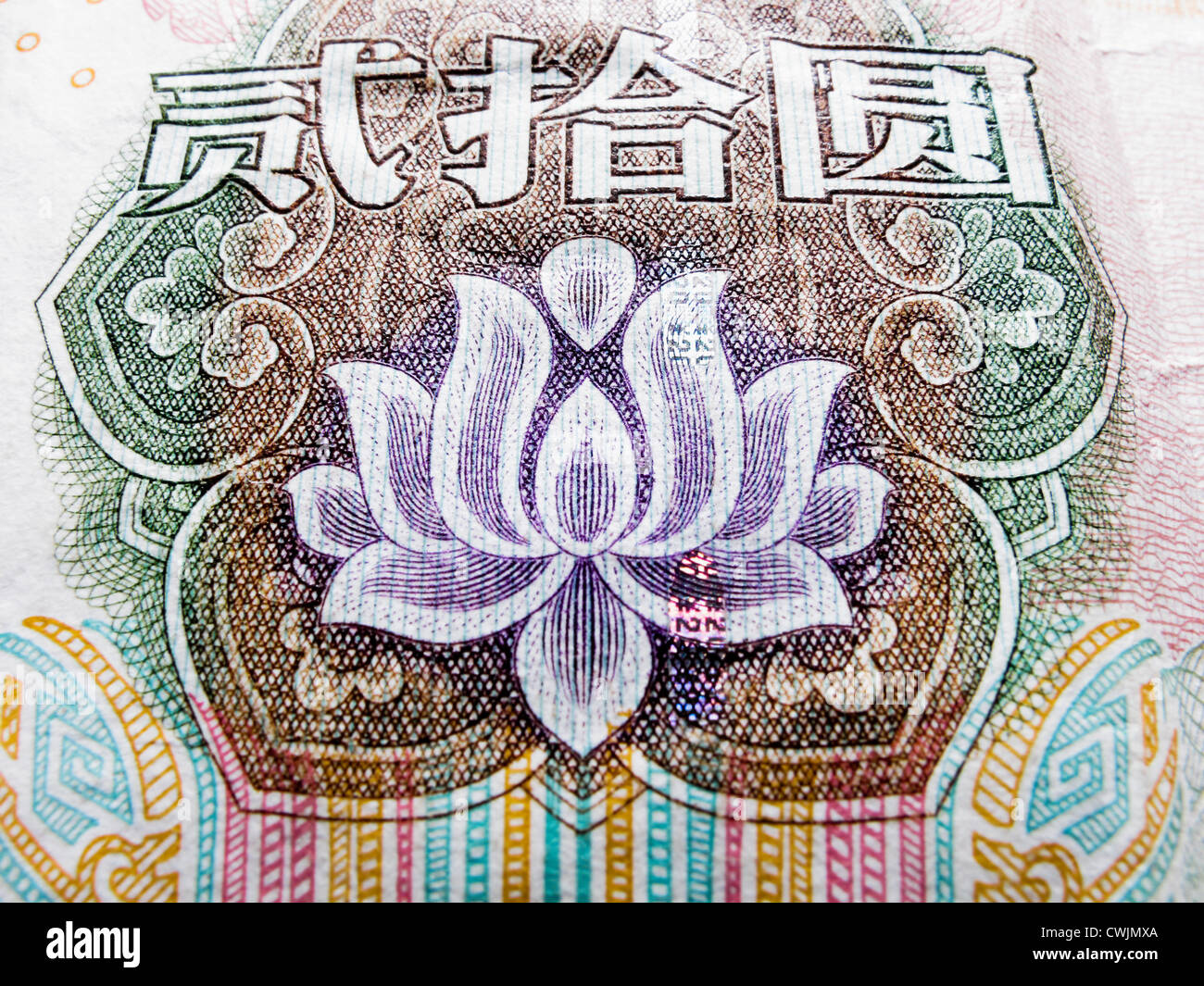 Gros plan extrême de lotus dans un billet de Yuan chinois Banque D'Images