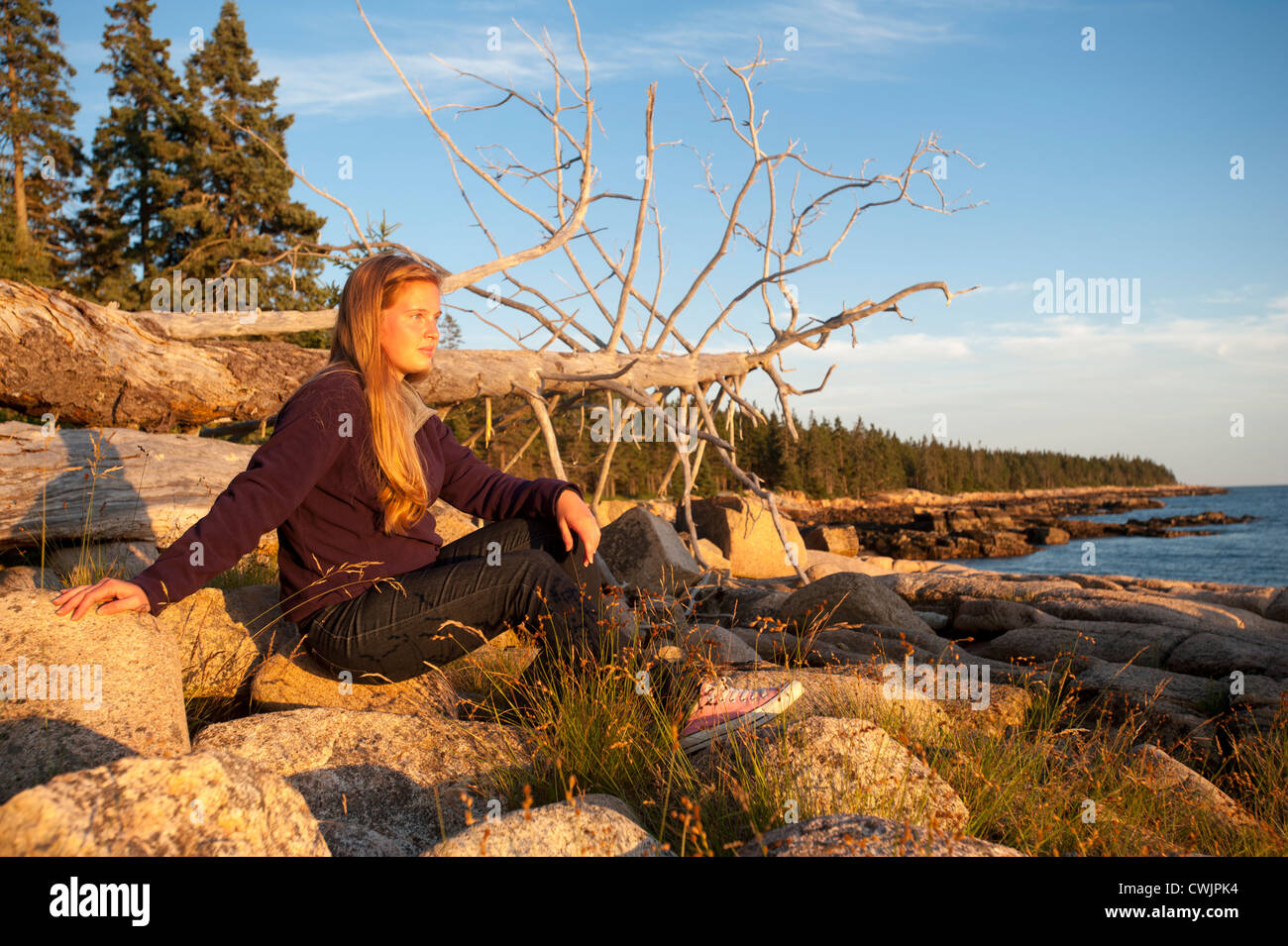 Young woman sitting on Rocky beach au coucher du soleil, l'Acadia National Park, Maine USA Banque D'Images