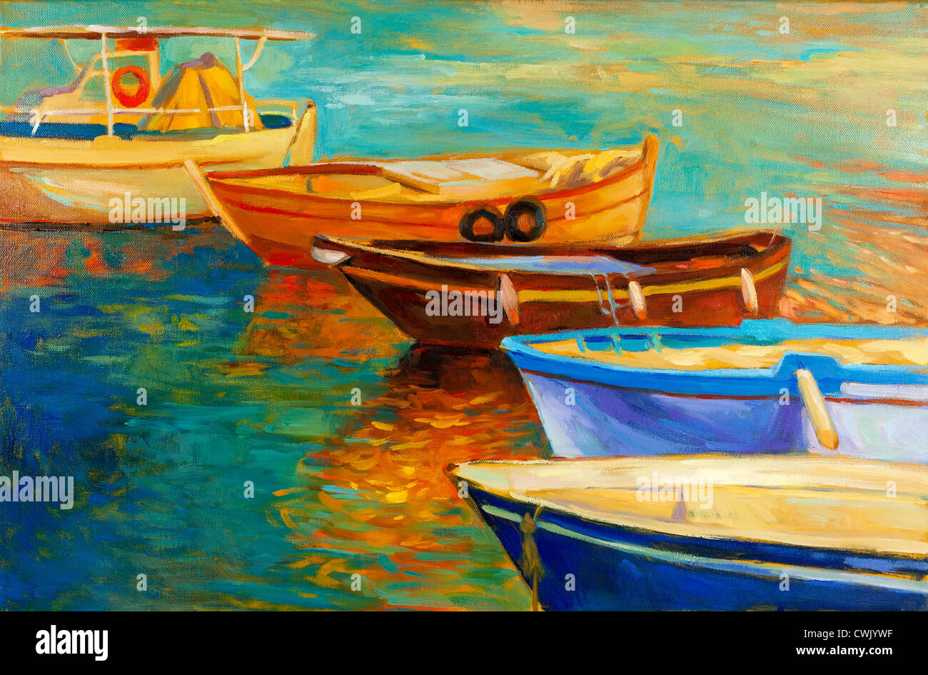 Peinture à l'huile originale de bateaux et la mer sur toile.coucher de soleil sur l'océan.impressionnisme moderne Banque D'Images