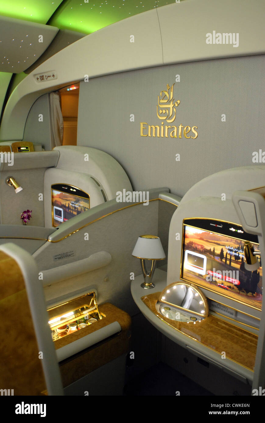 'Première Classe' Cabin, Boeing 380, Emirates Airlines, DUBAÏ, ÉMIRATS ARABES UNIS, Émirats arabes unis, au sud-est de la péninsule arabique, du Golfe Persique Banque D'Images