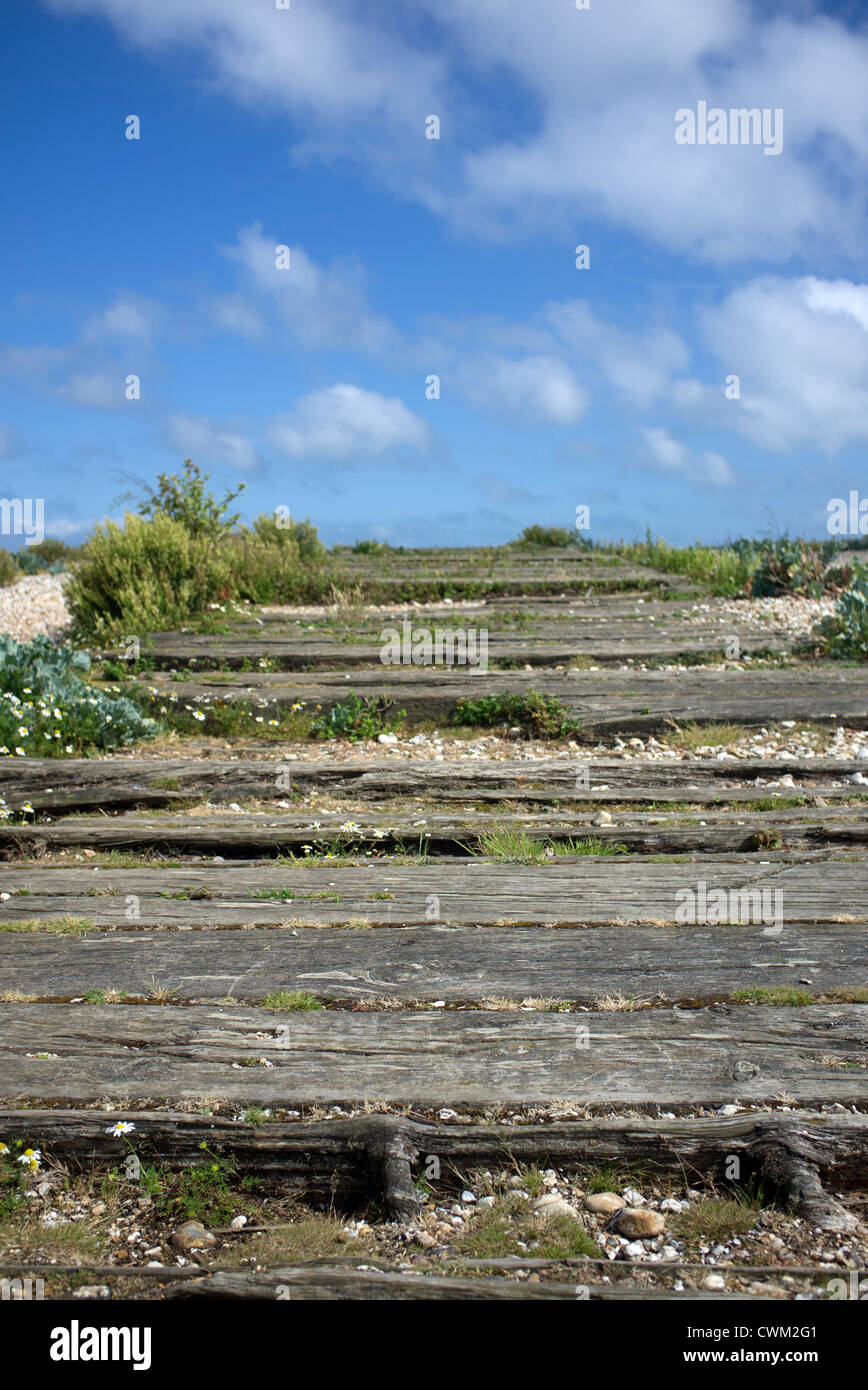 Les vieilles traverses de chemin de fer sur la plage de Pagham Harbour Nature Réserver West Sussex Banque D'Images
