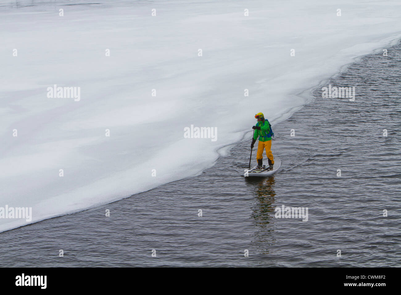 La Norvège, Narvik, Mature man paddling dans l'océan polaire Banque D'Images