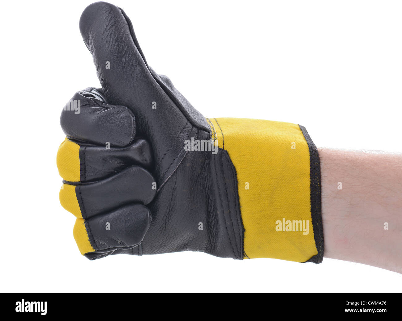 Symbole de ok Thumbs up portant un gant de sécurité pour les travaux de construction Banque D'Images