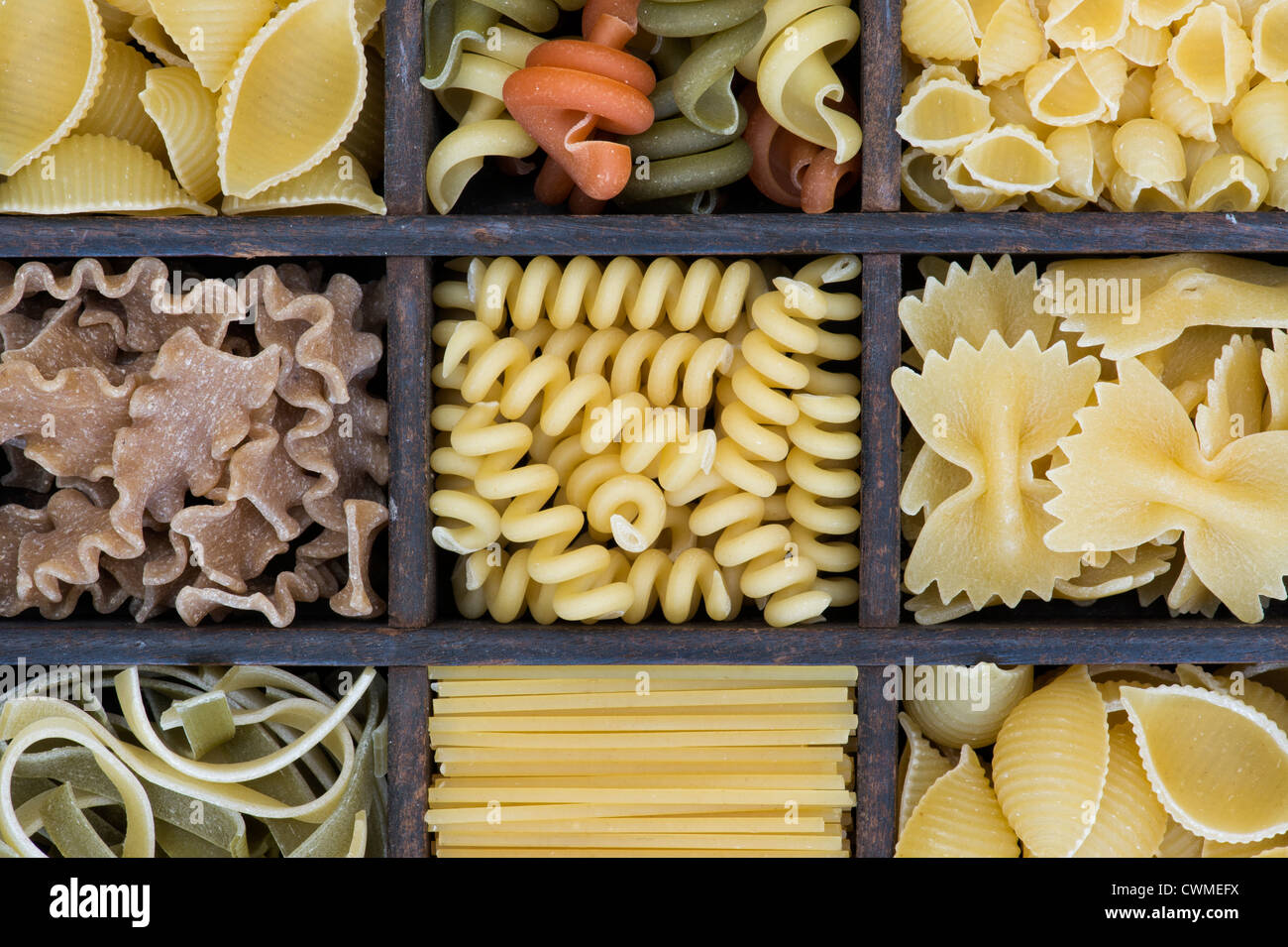 Différents types de pâtes alimentaires sèches dans un plateau en bois