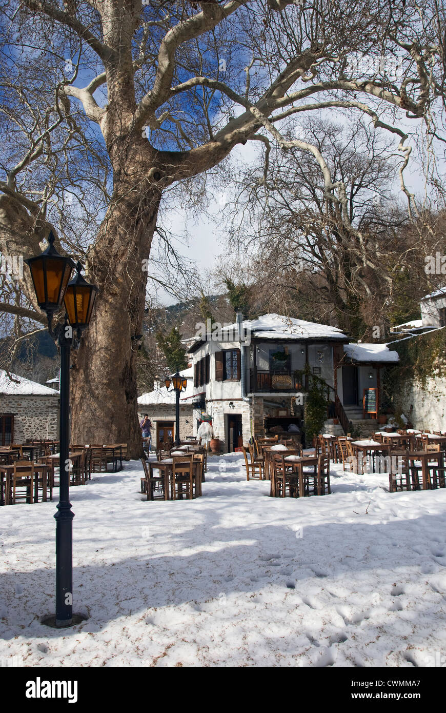 Place du village couvert de neige du village de montagne en hiver (Visitza la péninsule de Pelion, Thessalie, Grèce) Banque D'Images
