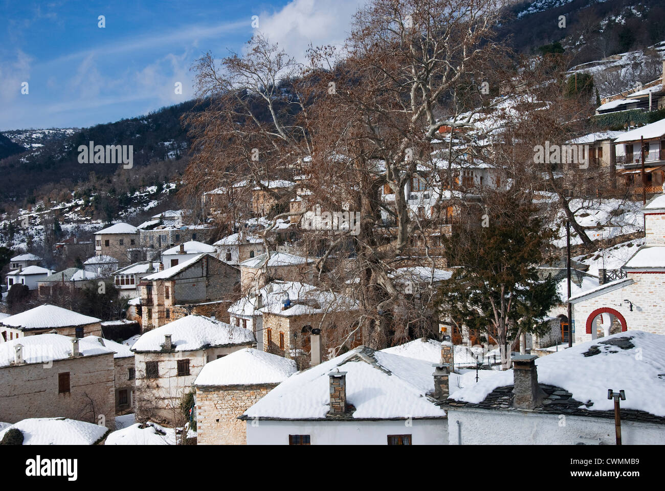 Village de montagne avec des maisons couvertes de Milies en hiver (la péninsule de Pelion, Thessalie, Grèce) Banque D'Images