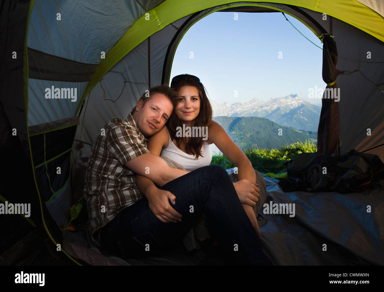 La Suisse, Leysin, randonneurs, joignant en tente Banque D'Images
