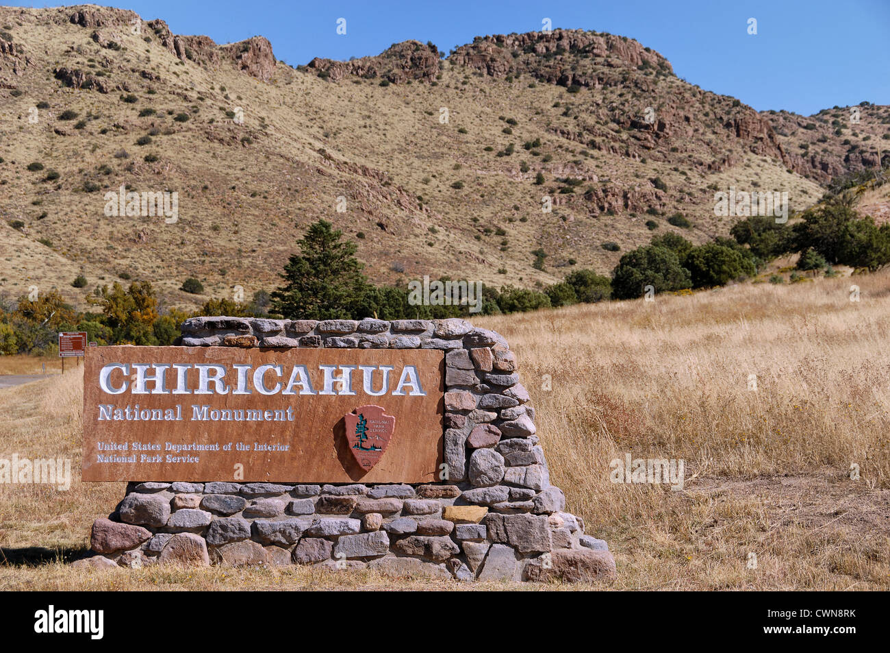 Signe de la frontière au Monument National Chiricahua près de Willcox, Arizona, USA Banque D'Images