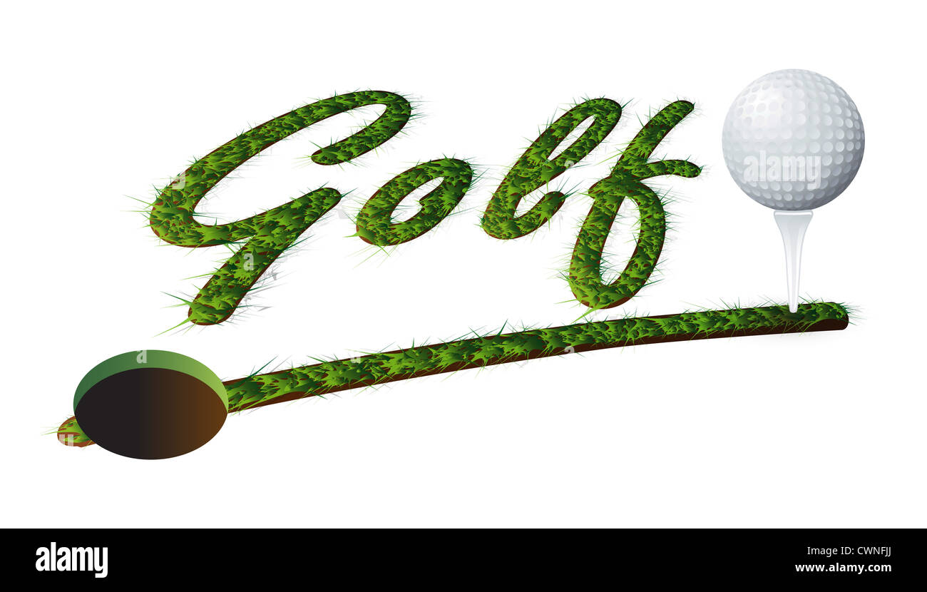 Titre isolé de l'herbe et la balle de golf de texte Banque D'Images