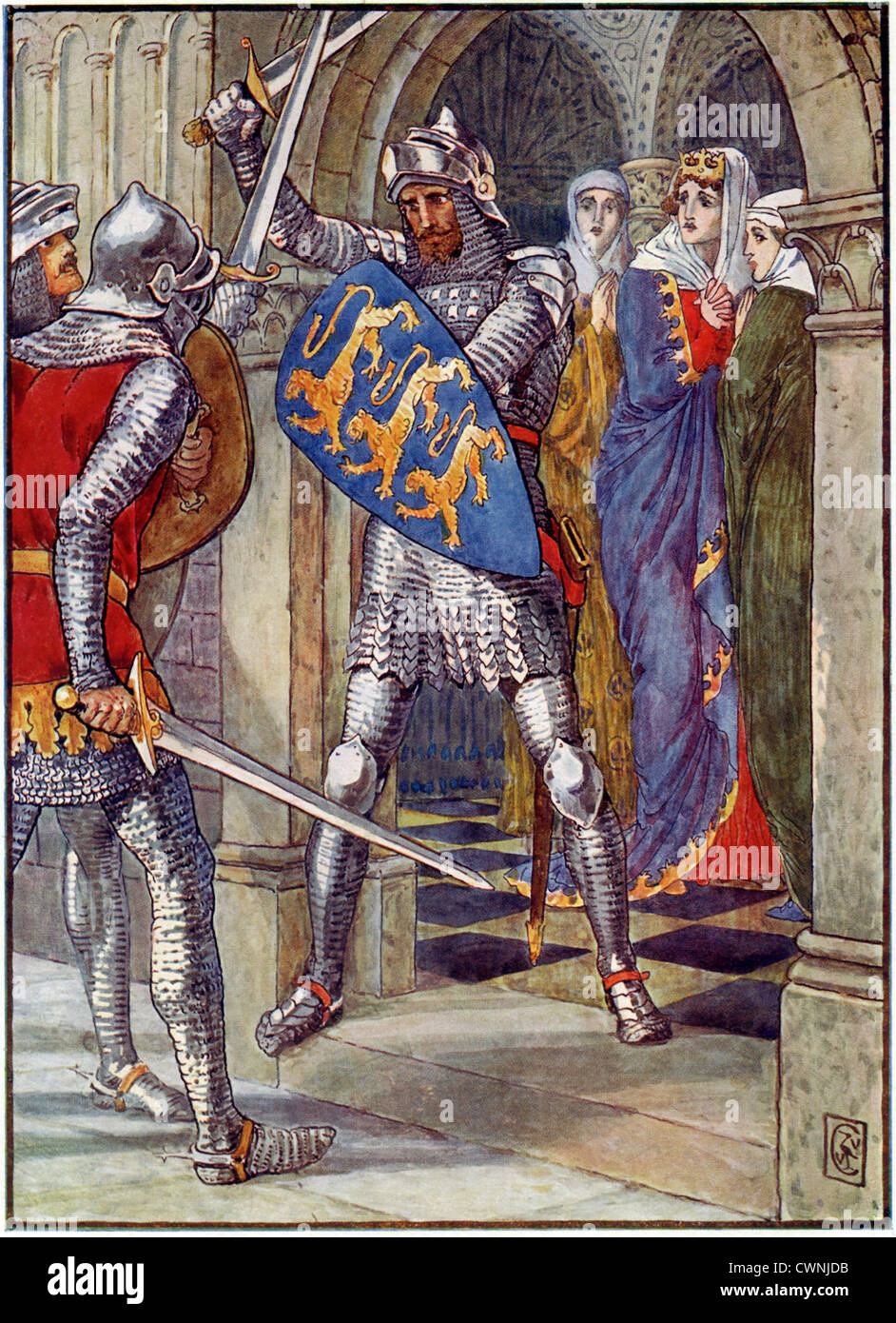 Sir Lancelot sauve la reine Guenièvre de Mador qui ont accusé la reine de trahison dans la mort de son frère par pomme empoisonnée. Banque D'Images