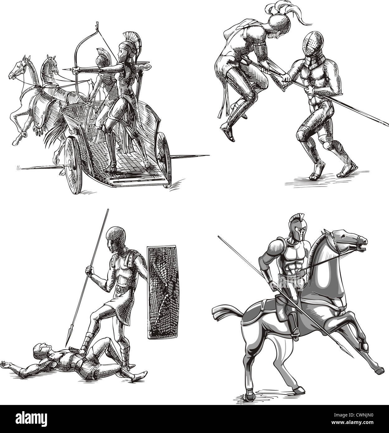 Les gladiateurs de la Rome antique. Ensemble de croquis en noir et blanc illustrations vectorielles. Banque D'Images