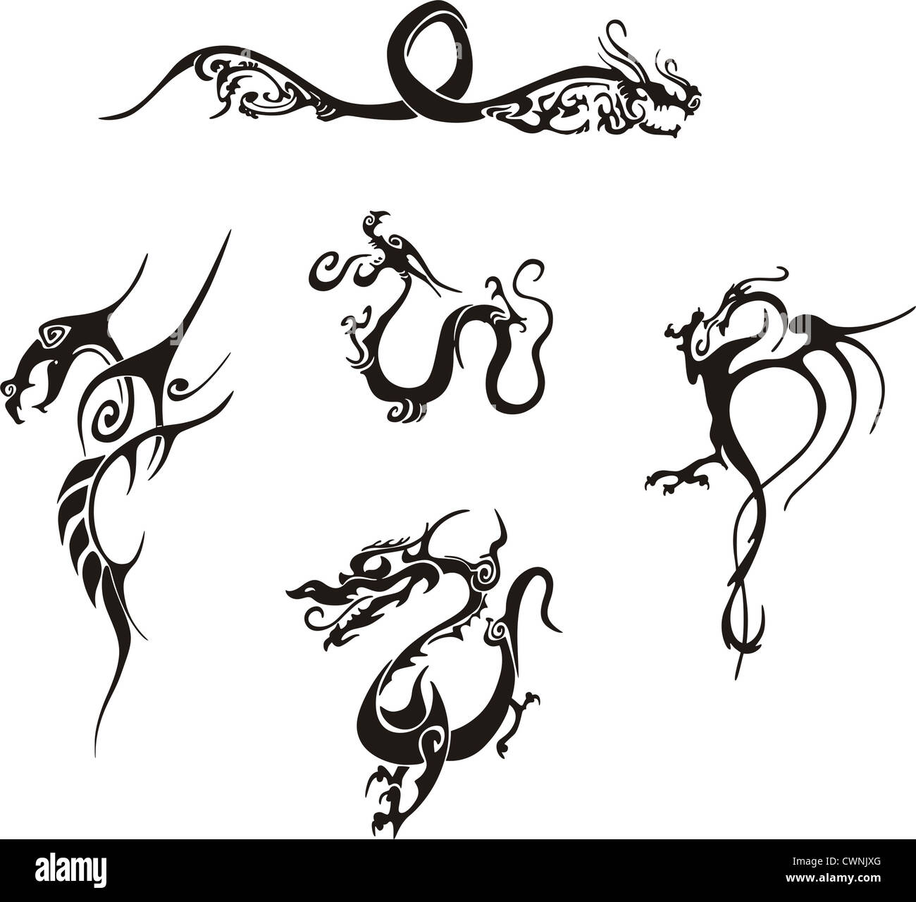Cinq motifs de tatouage de dragon simple impressionnant. EPS vinyl-ready illustrations, croquis en noir et blanc. Banque D'Images