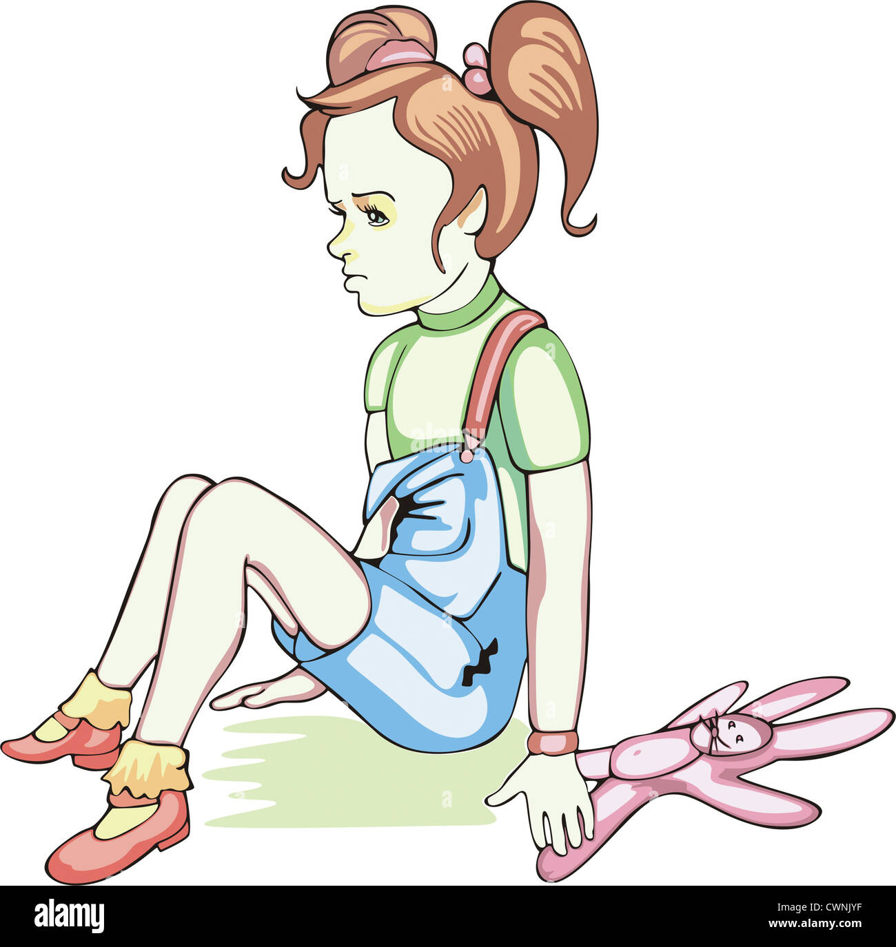 Triste séance fille avec lapin rose jouet. Illustration EPS vinyl-ready. Banque D'Images