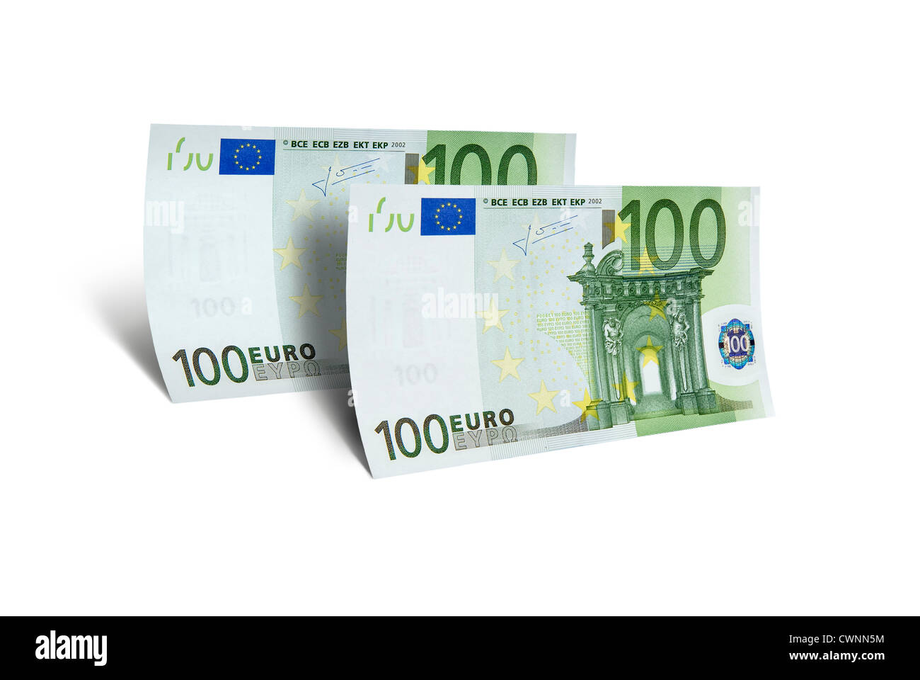 Deux billets de 100 et 200 euros, monnaie européenne, isolé sur fond blanc 100 % Banque D'Images