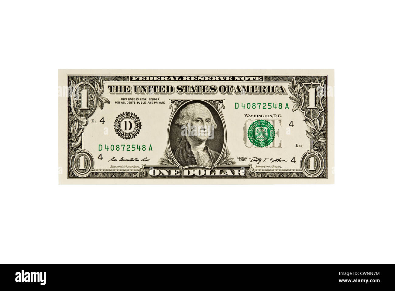 Un dollar, le projet de loi, 1 Dollar, Dollar bill, isolé sur fond blanc 100 % Banque D'Images