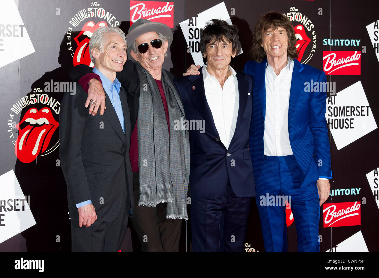 Charlie Watts, Keith Richards, Ronnie Wood et Mick Jagger, de la groupe de rock britannique, les Rolling Stones. Banque D'Images
