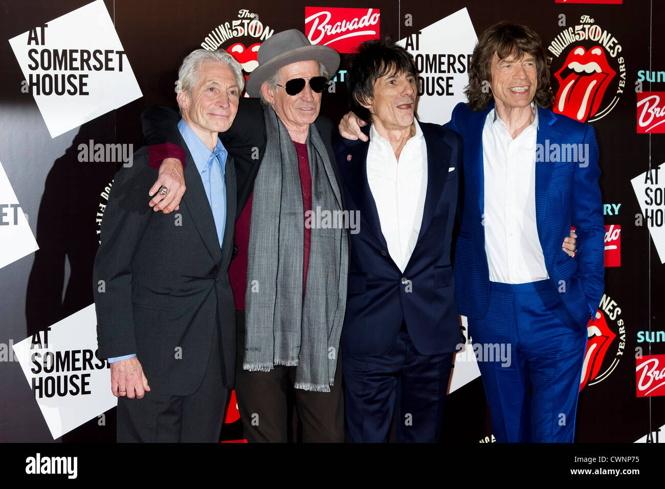 Charlie Watts, Keith Richards, Ronnie Wood et Mick Jagger, de la groupe de rock britannique, les Rolling Stones. Banque D'Images