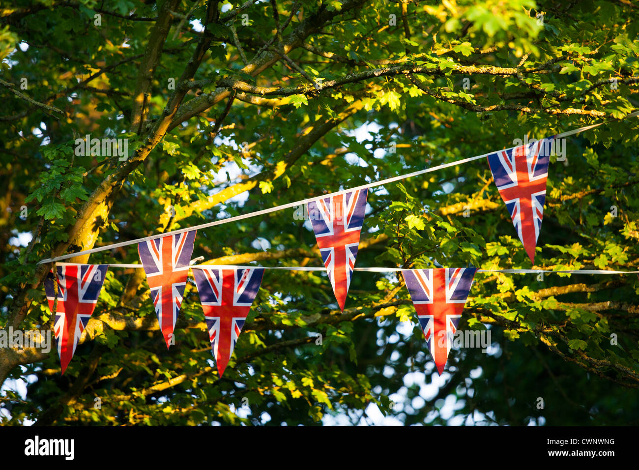 Union Jack flag bunting à street party pour célébrer le Jubilé de diamant de la Reine à Swinbrook dans les Cotswolds, Royaume-Uni Banque D'Images