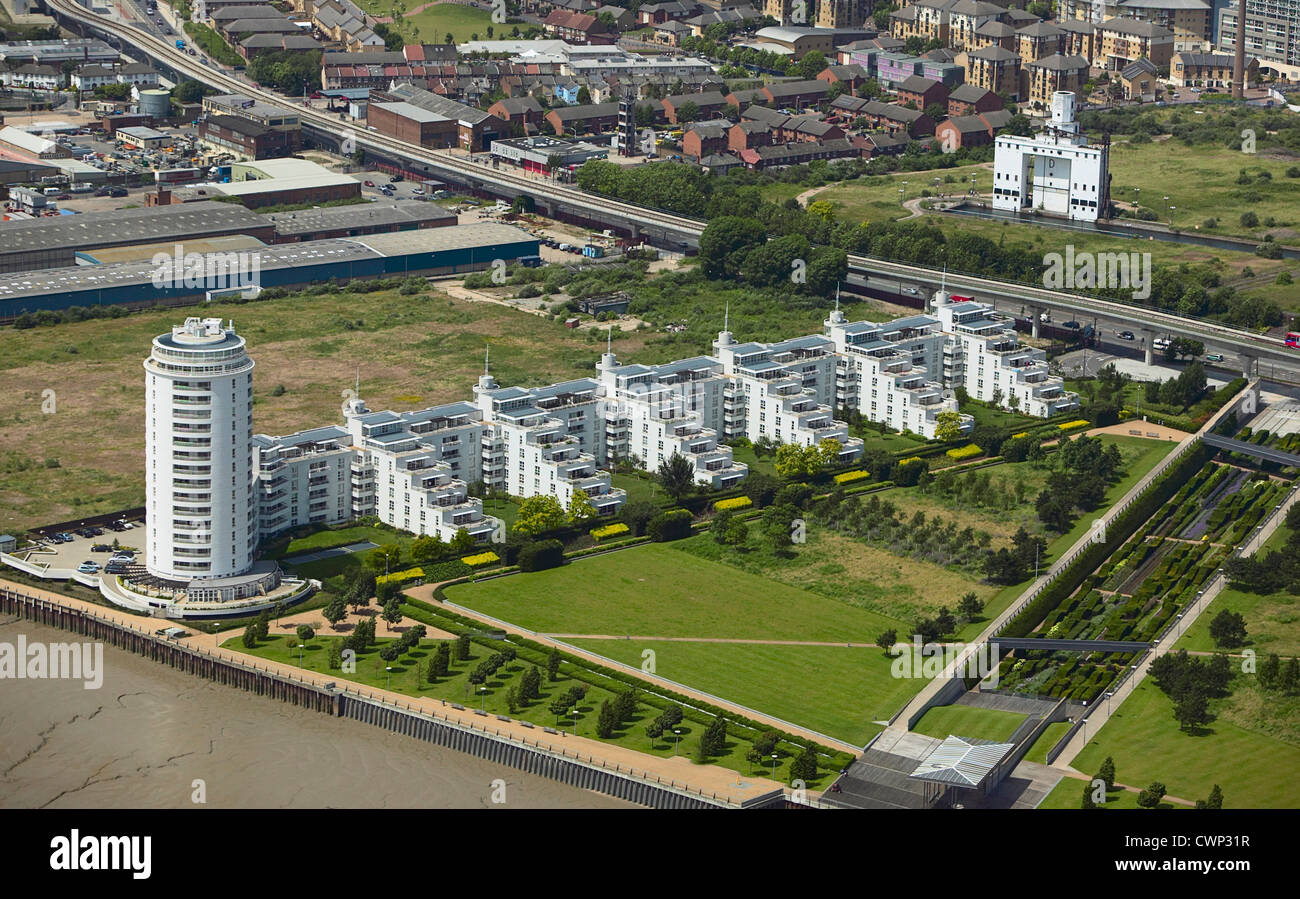 Vue aérienne du parc Barrière et barrière, un monument prestige Immobilier Développement par Barratt. Banque D'Images