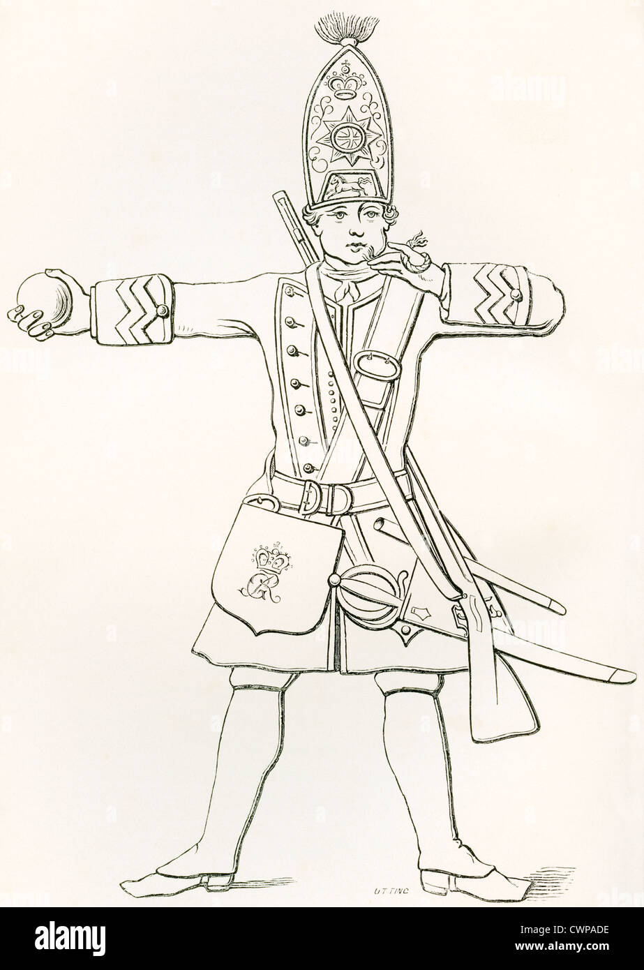 Un grenadier de H.M. 1 régiment de Gardes à pied, en l'an 1745. Banque D'Images