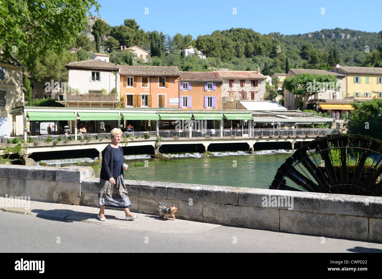 Woman Walking Dog et Riverside Restaurants à Fontaine-de-Vaucluse et la Sorgue Vaucluse provence france Banque D'Images