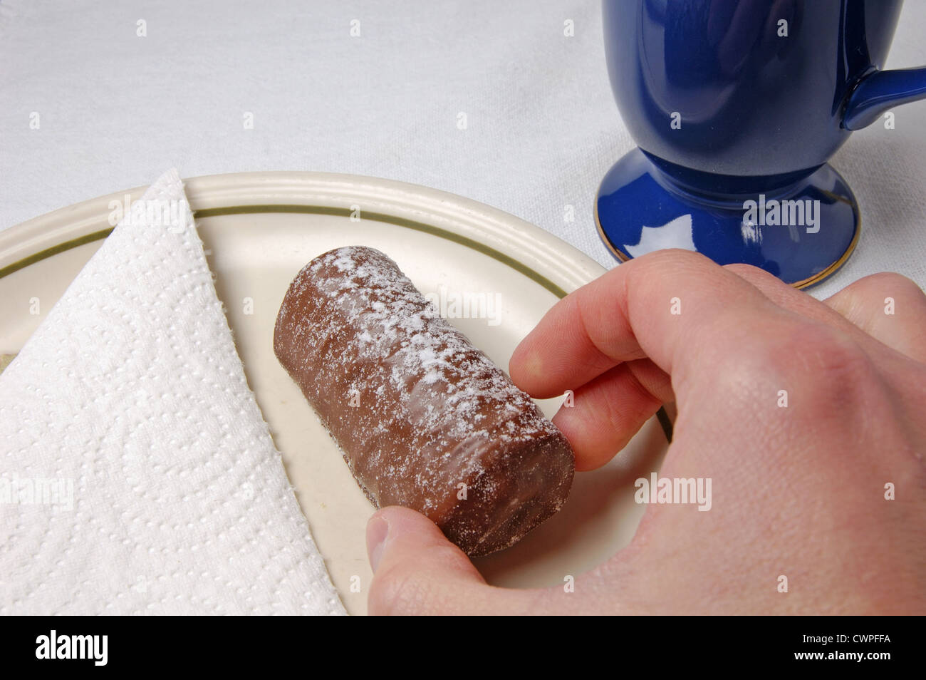 Journal de chocolat saupoudrés de sucre glace sur une plaque Banque D'Images