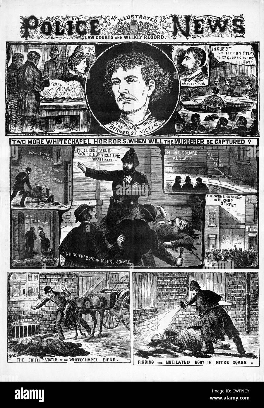 Jack the Ripper, Elizabeth Stride et de Catherine Eddowes, la Police News front page les troisième et quatrième rapports victimes du tueur en série de l'époque victorienne Banque D'Images