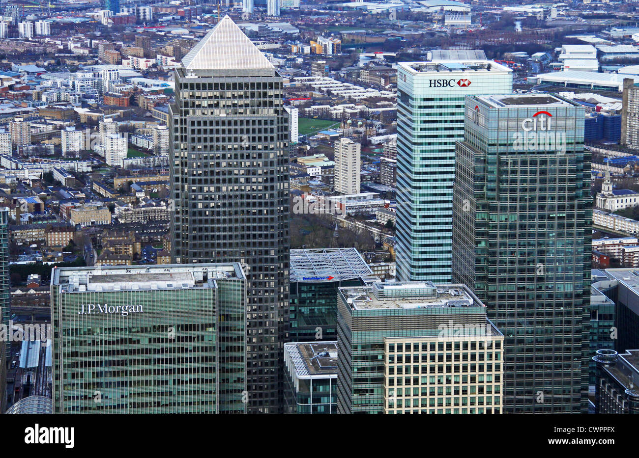 Vue aérienne de Canary Wharf, de l'Est Londres E14 Banque D'Images