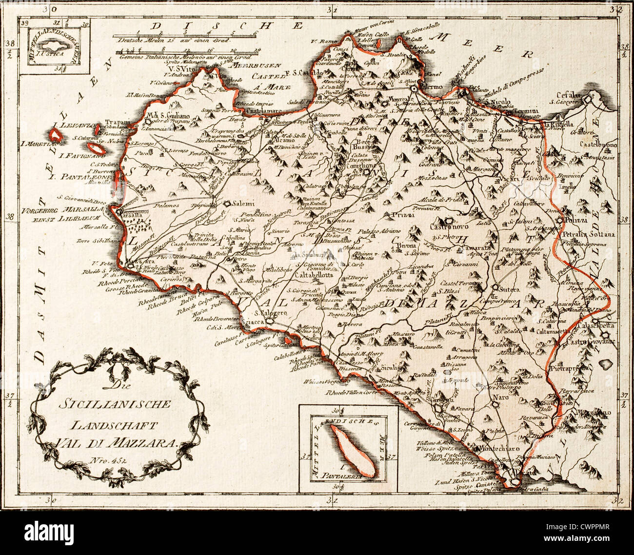 Carte allemande antique de la Sicile de l'ouest Banque D'Images