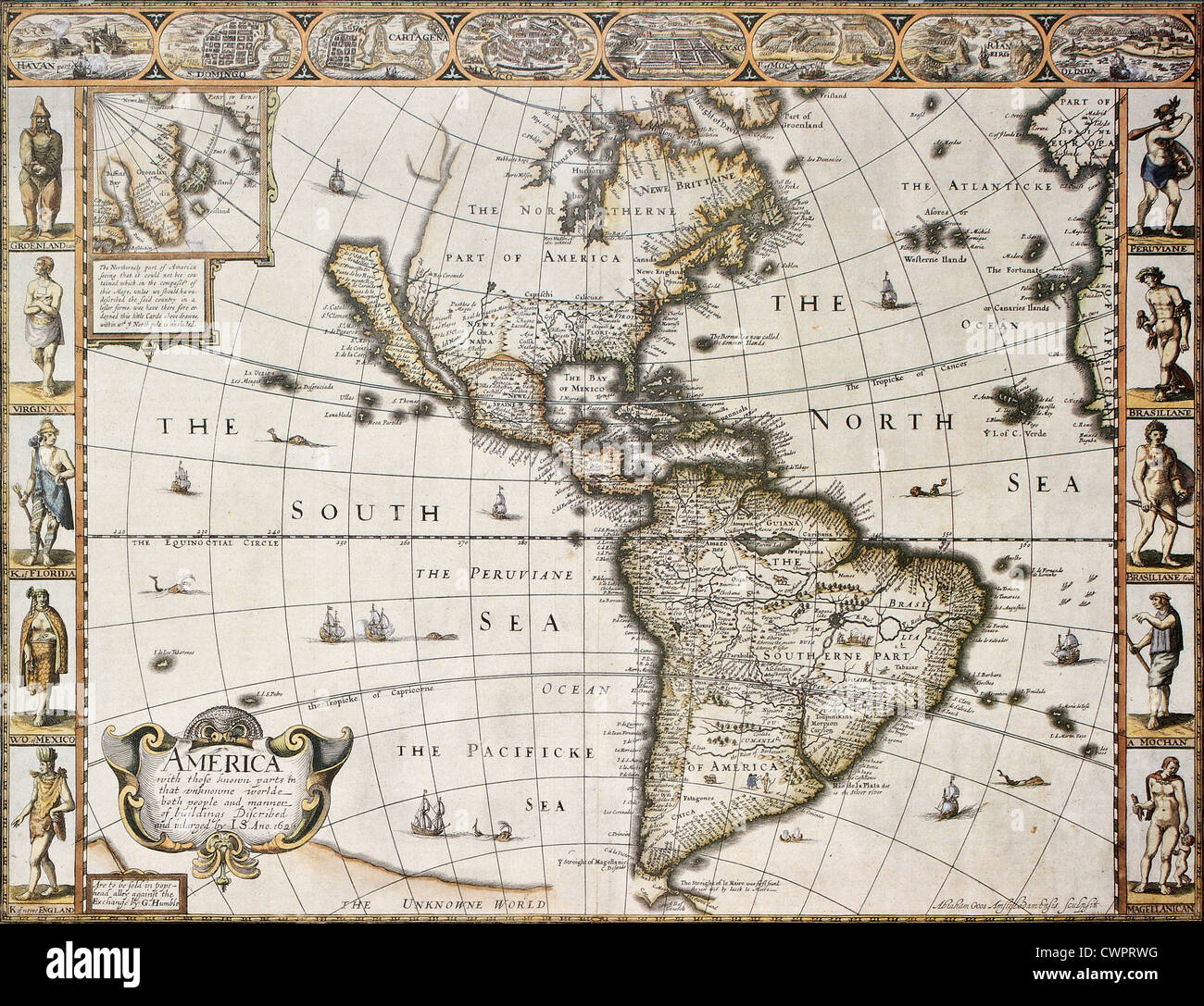 Carte ancienne de l'Amérique avec le Groenland insérez la carte Banque D'Images