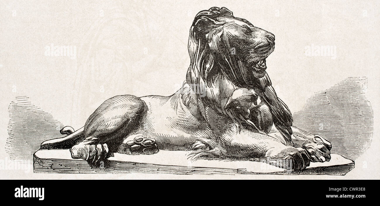 Vieille illustration d'une statue de lion en bronze Banque D'Images