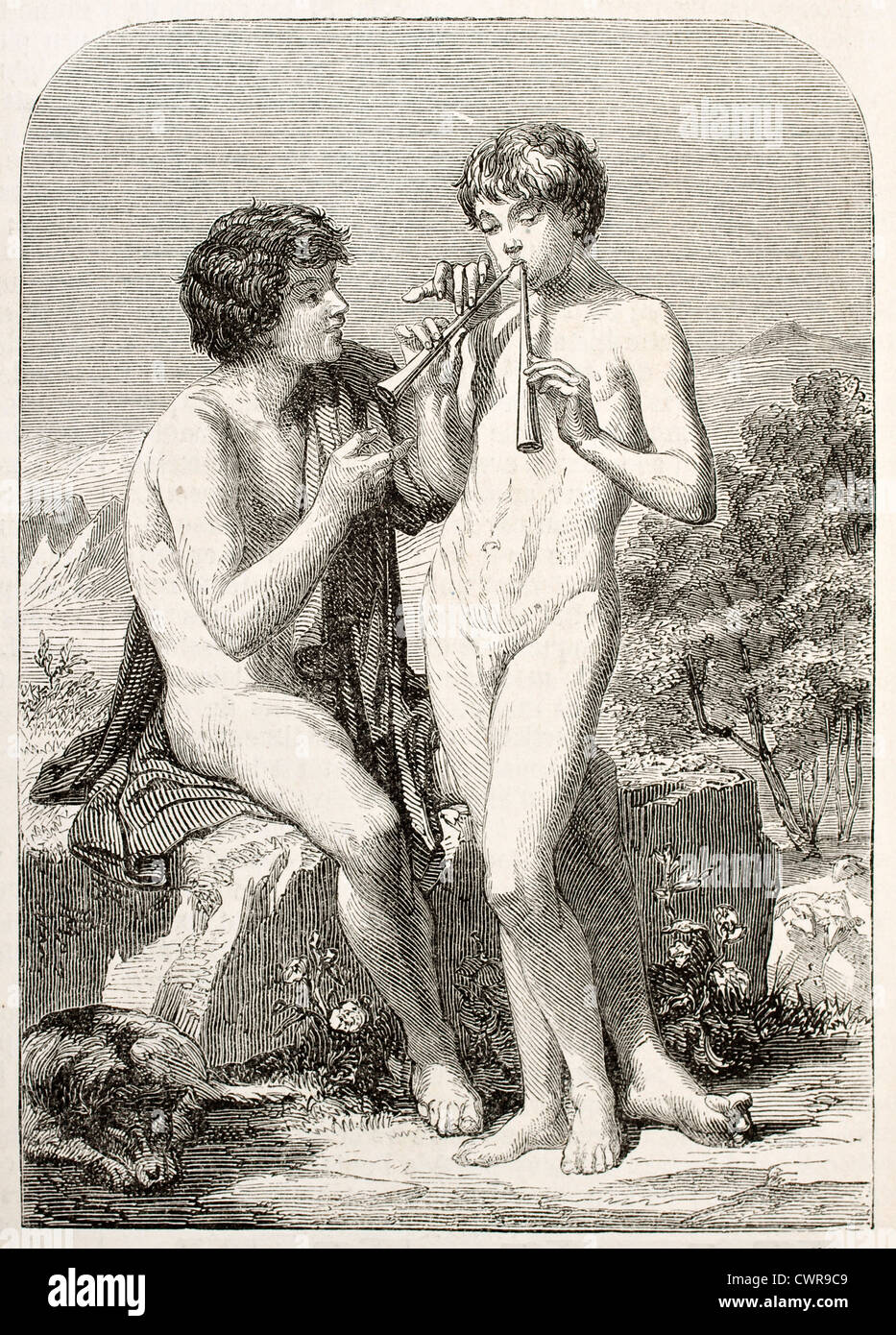 Leçon de flûte, vieille illustration Banque D'Images