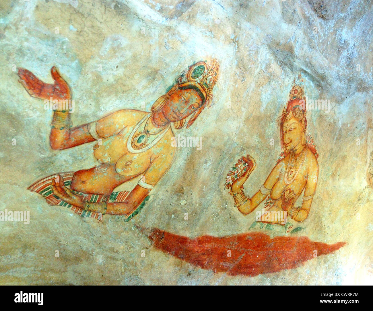 Les nymphes célestes Apsara - peinture ancienne sur les murs de la grotte, Lion, 5ème siècle, Sigiriya, Sri Lanka Banque D'Images