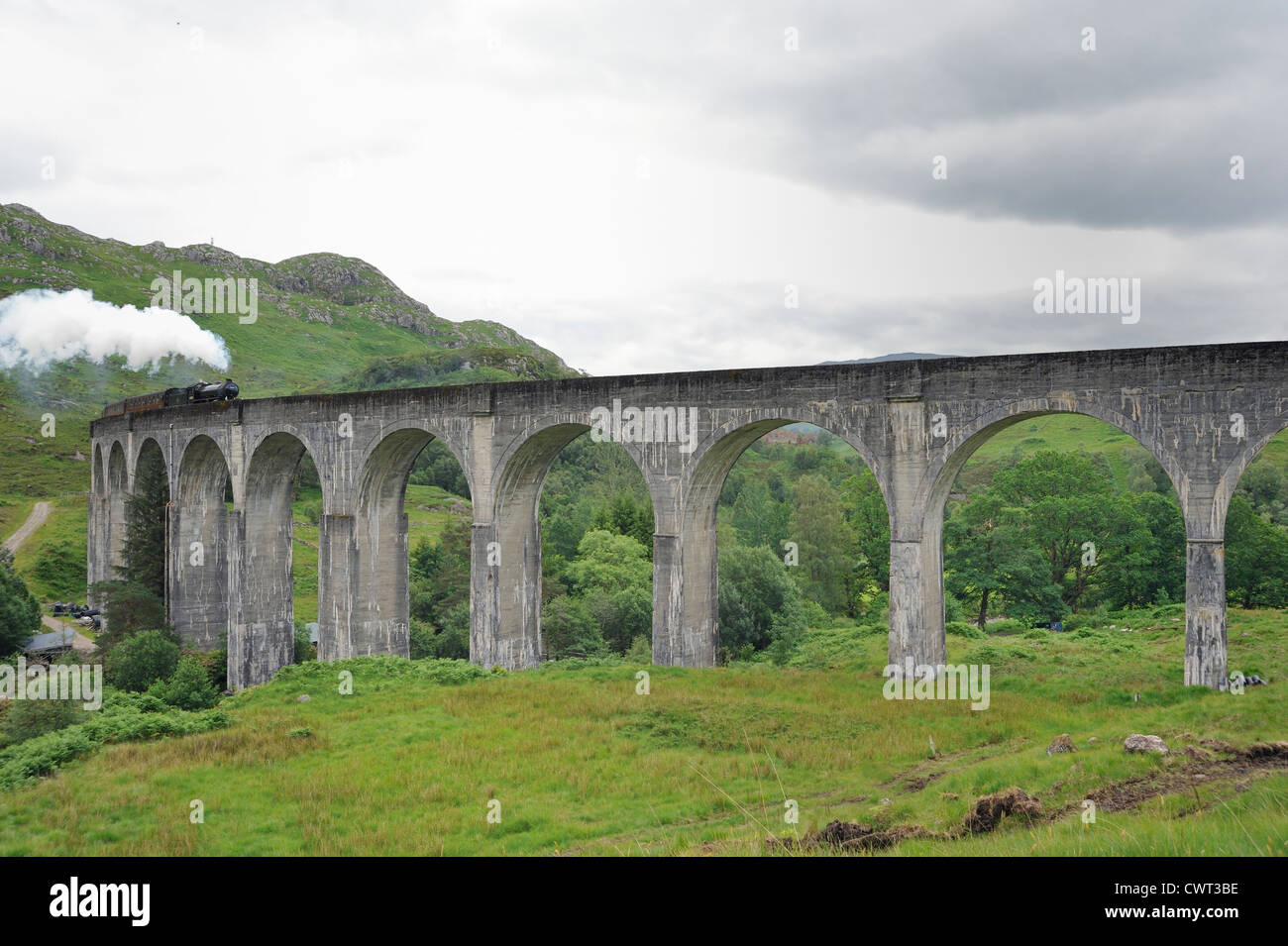 Un nuage de vapeur signale l'arrivée du train à vapeur Jacobite sur le viaduc de Glenfinnan Banque D'Images