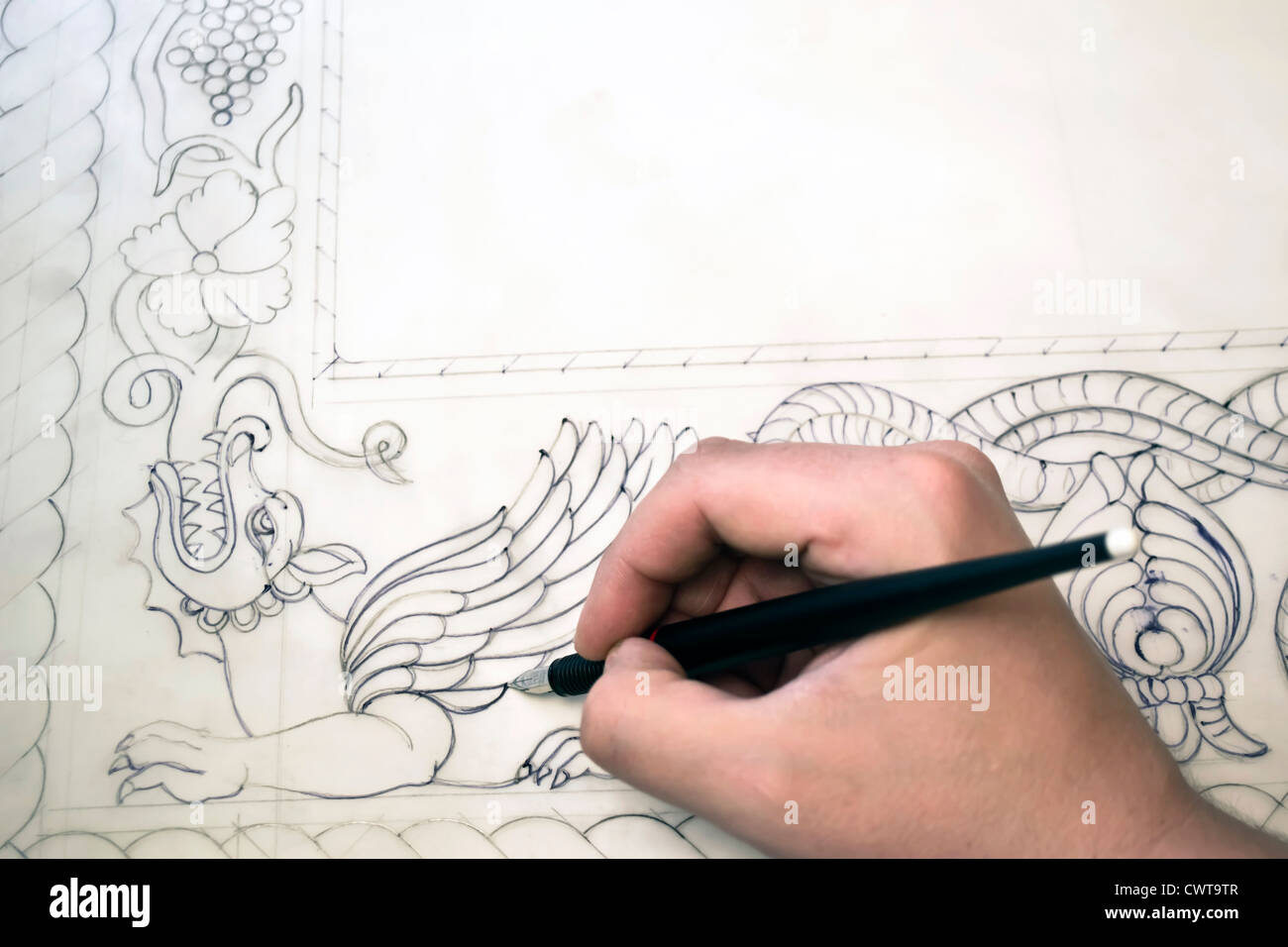 L'icône de l'art ancien dessin,Peinture,Travail,processus de travail crayon art orthodoxe icône,St George,St George avec le dragon Banque D'Images