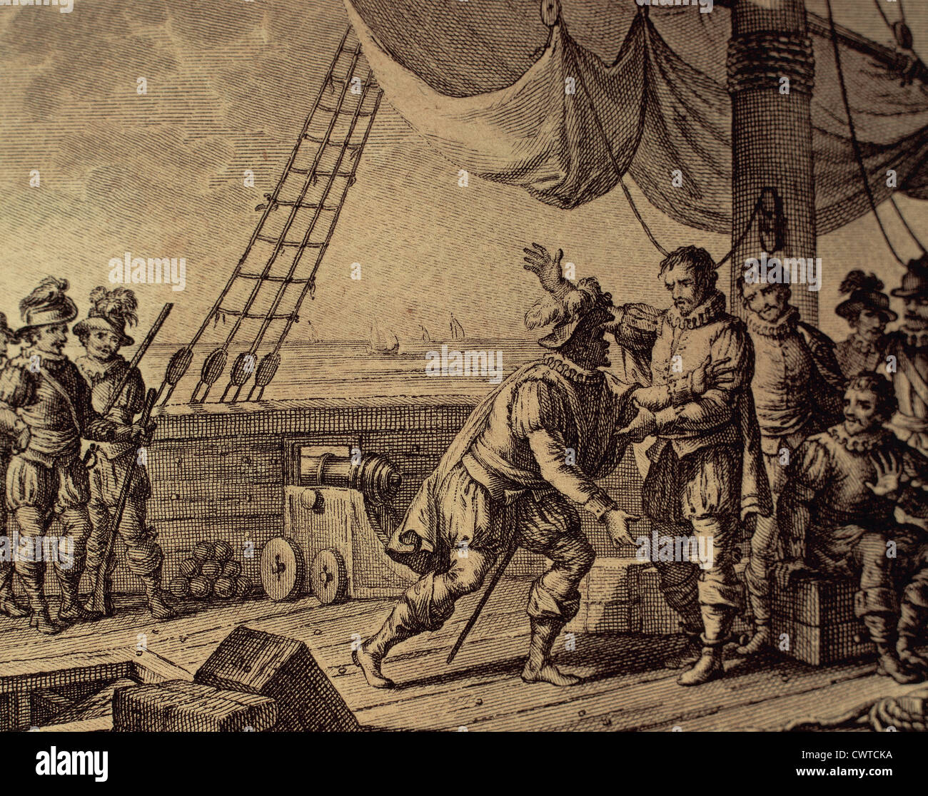 Troisième voyage de Christophe Colomb. Colomb et ses frères Diego et Barthélemy sont envoyés en Espagne, après avoir été arrêté. Banque D'Images