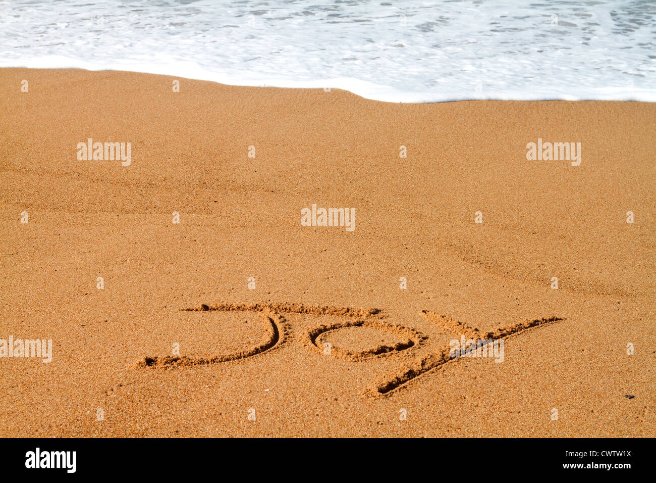 Le mot joie written on beach Banque D'Images