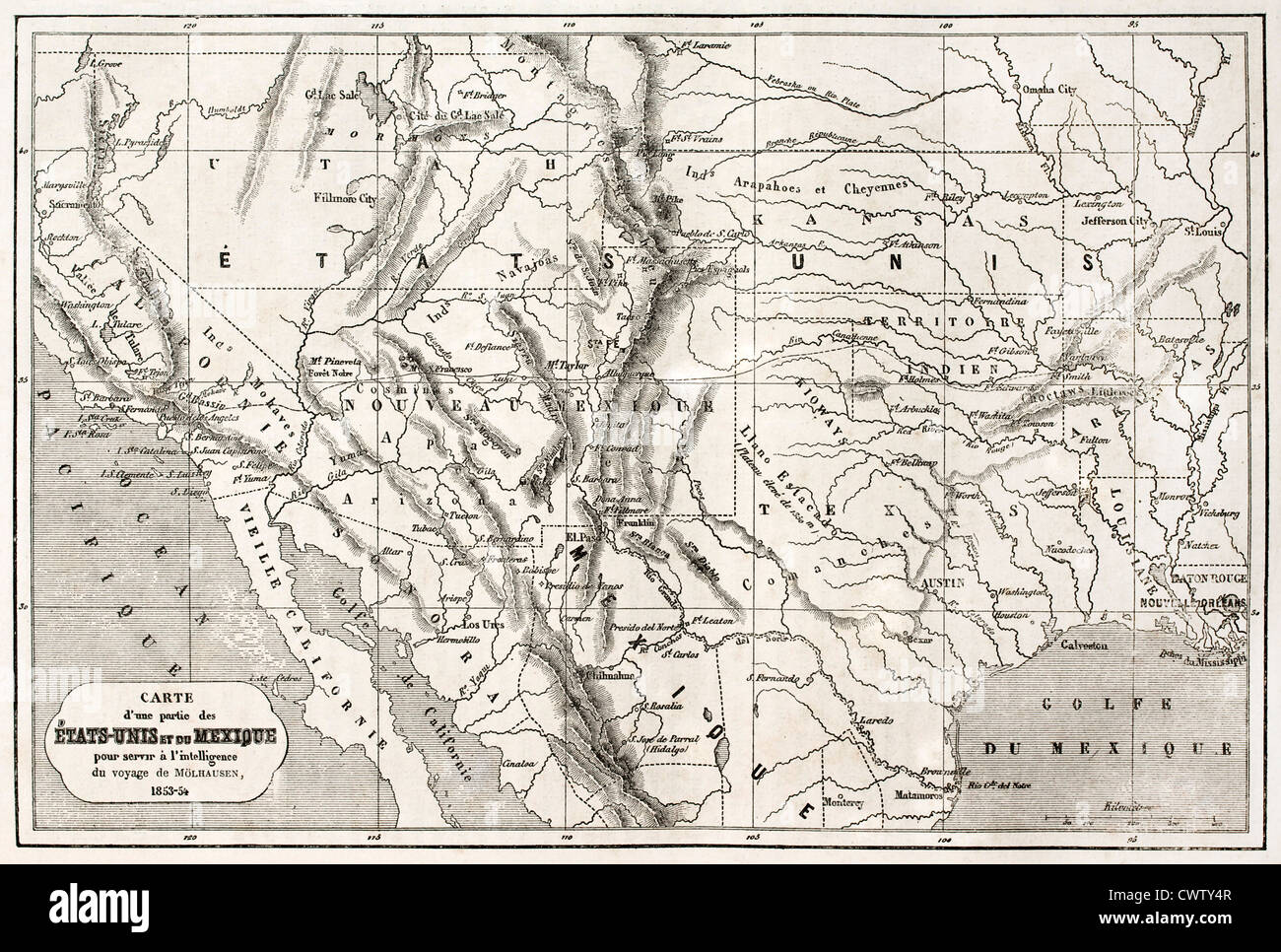 Ancienne carte du nord du Mexique et du sud-ouest des Etats-Unis Banque D'Images