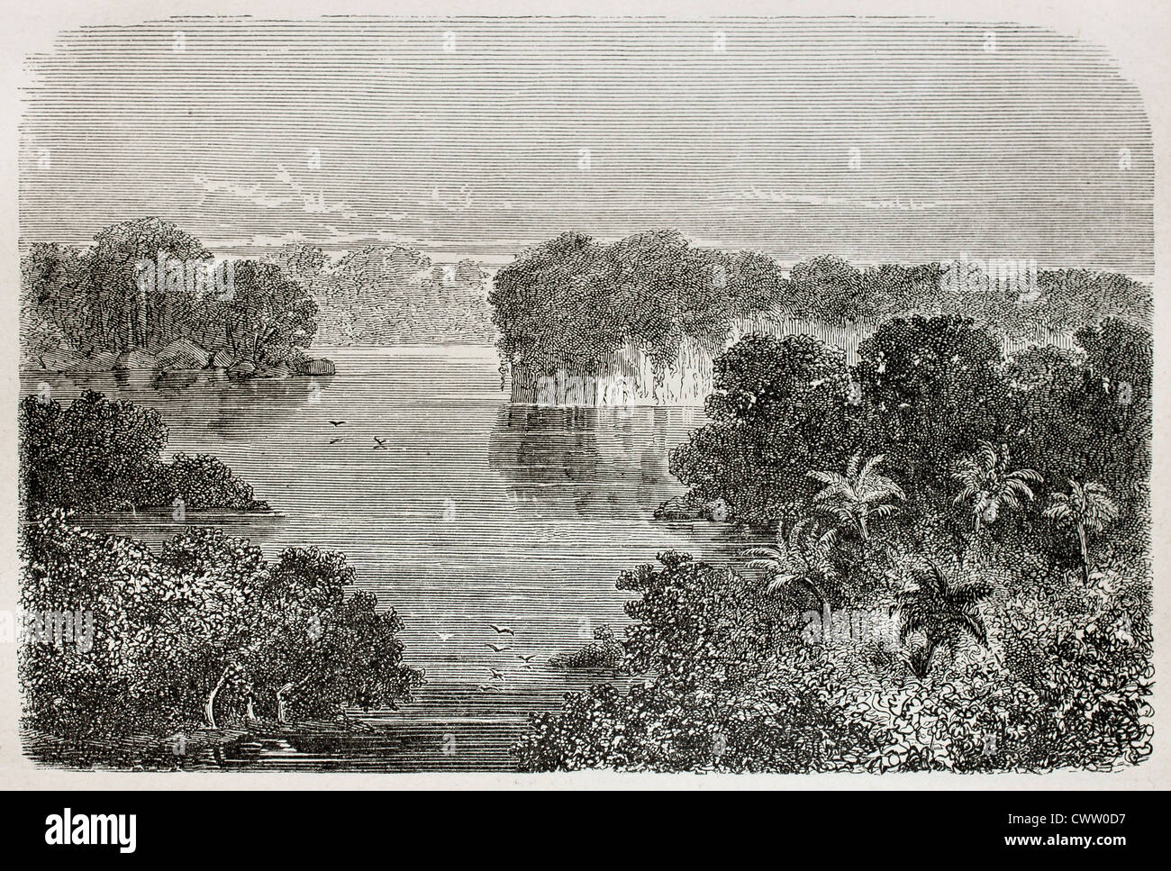 Vieille illustration d'Huinpuyu eaux calmes, Perù Banque D'Images