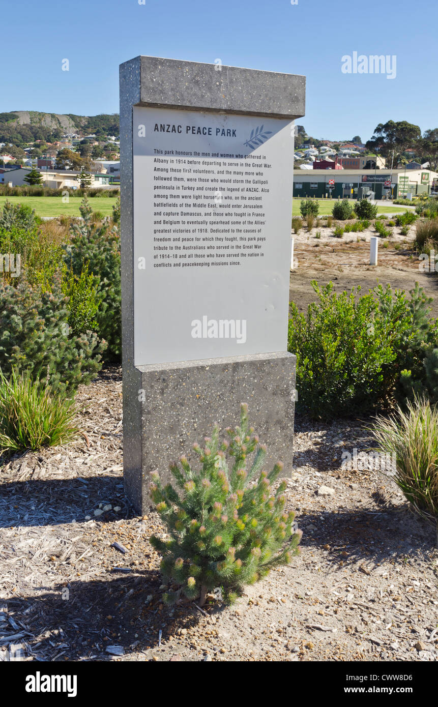 La paix de l'Anzac Park sign, Albany, dans l'ouest de l'Australie Banque D'Images