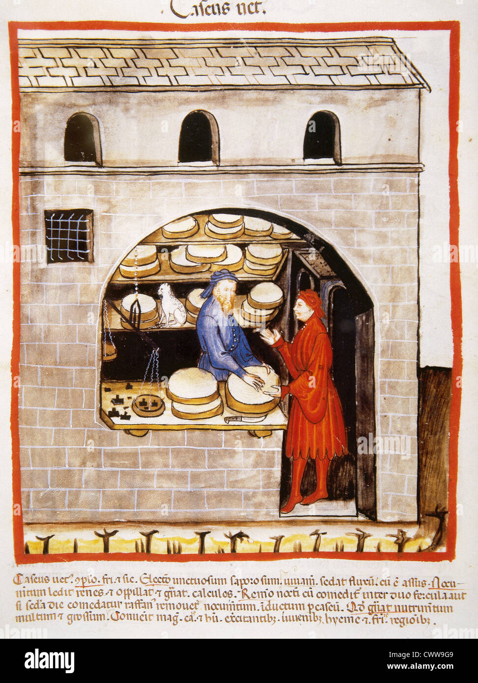 Tacuinum Sanitatis. 14e siècle. Manuel de l'époque médiévale la santé. Mise en place. La vente de fromages. Miniature. Fol. 60v. Banque D'Images