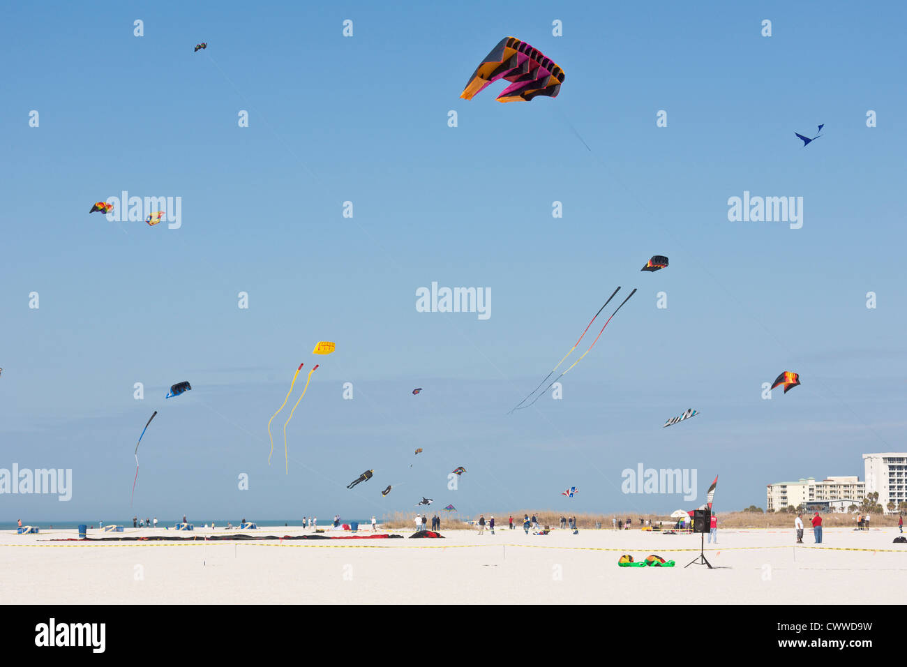 Kites survolant Saint Pete Beach à l'île au trésor Kite Festival à