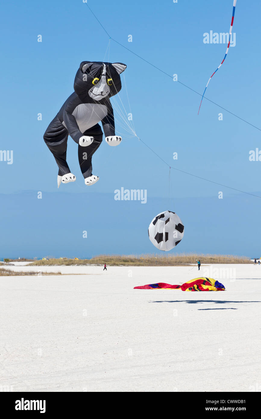 Cerf Volant En Forme De Chat Et D Un Ballon De Soccer Survolant Beach A L Ile Au Tresor Kite Festival A Treasure Island Floride Photo Stock Alamy