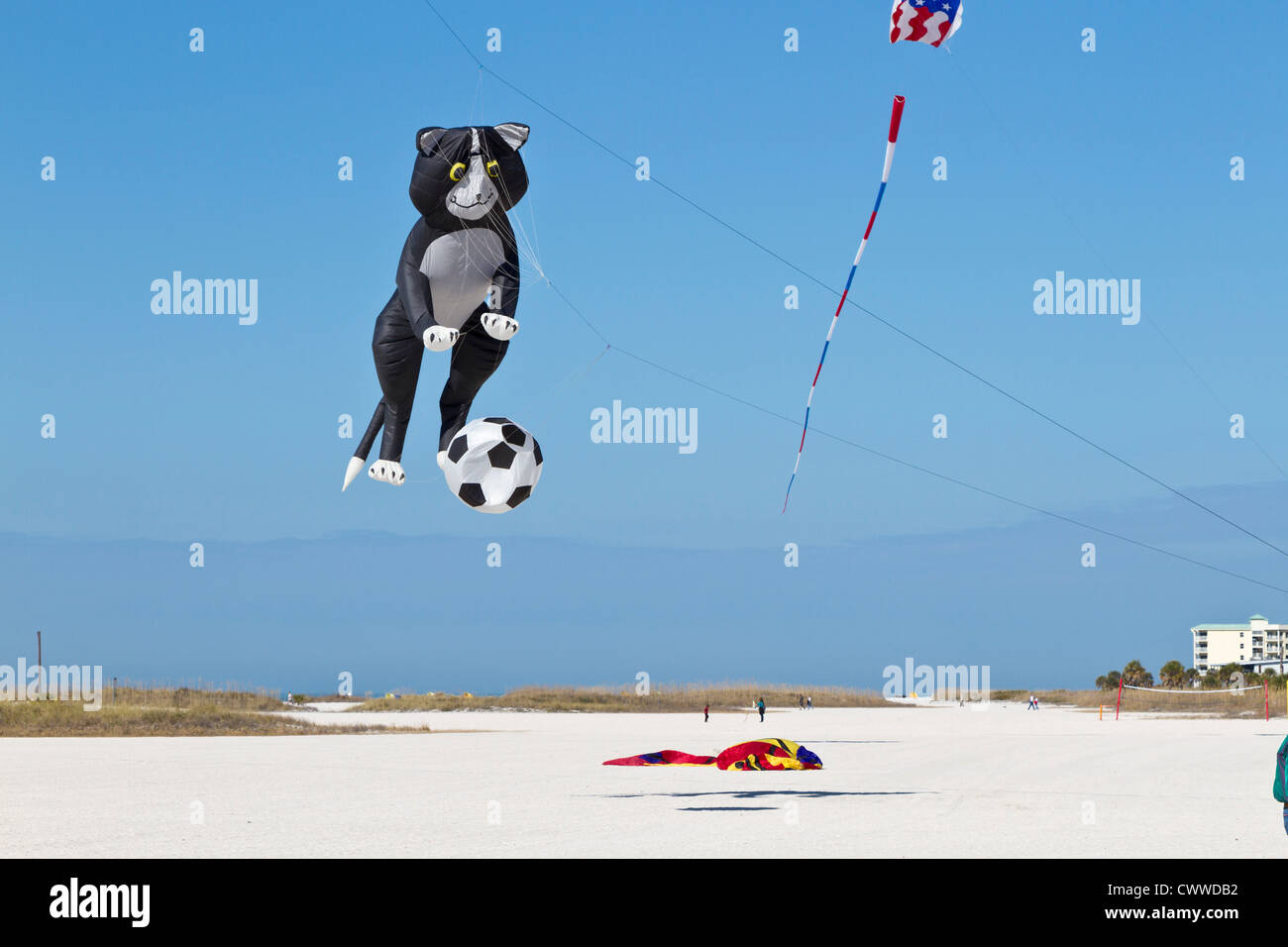 Cerf Volant En Forme De Chat Et D Un Ballon De Soccer Survolant Beach A L Ile Au Tresor Kite Festival A Treasure Island Floride Photo Stock Alamy